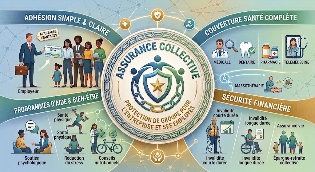 Assurance collective : adhésion simple, couverture santé complète (soins médicaux, dentaires, pharmacie, santé virtuelle, soins paramédicaux), programmes d'aide et de bien-être, et sécurité financière (invalidité courte et longue durée, assurance vie).