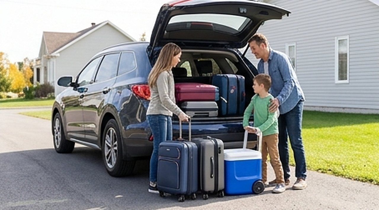 Famille chargeant ses valises dans la voiture avant un voyage